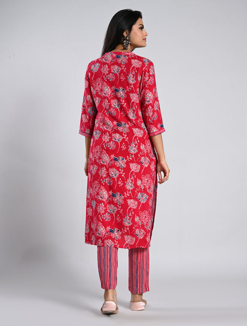 Pink Floral Printed Kurti Set with Dupatta