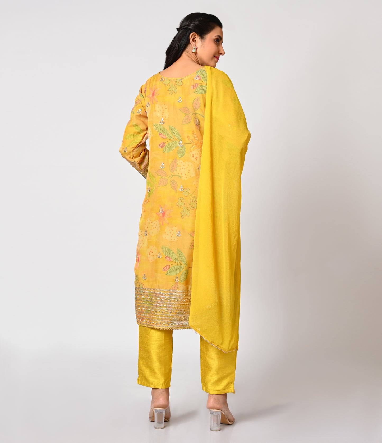 Printed Yellow Crepe Straight Cut Set with Dupatta