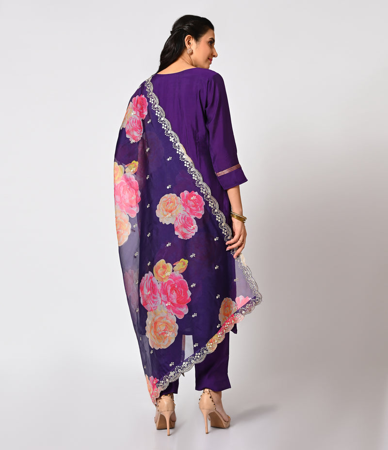 Elegant Violet Straight Cut Set with Organza Dupatta