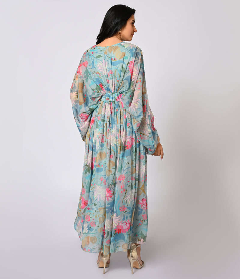 Elegant Blue Floral Gown with Statement Sleeves