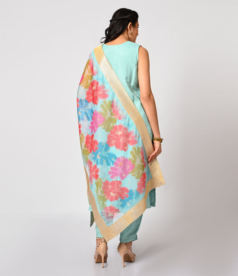 Powder Blue Straight Cut Set with Organza Dupatta