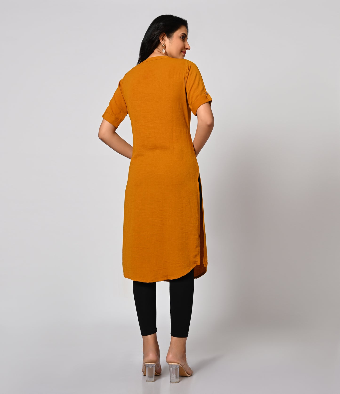 Solid Mustard Crushed Fabric Kurti