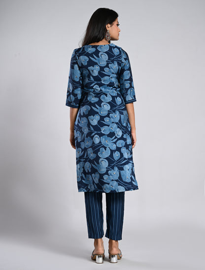 Navy Blue Floral Kurti Set in Rayon Muslin