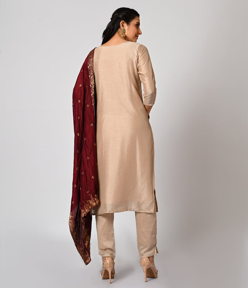 Beige Straight Cut Set with Contrast Silk Dupatta