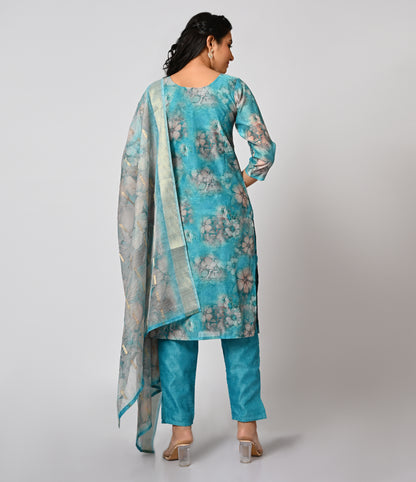 Floral Blue Digital Printed Straight Cut Salwar Kameez Set with Dupatta