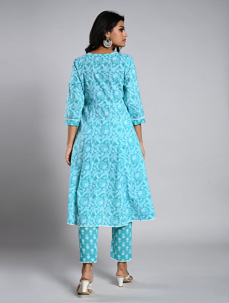 Turquoise Blue Anarkali Cotton Kurti Set with Dupatta