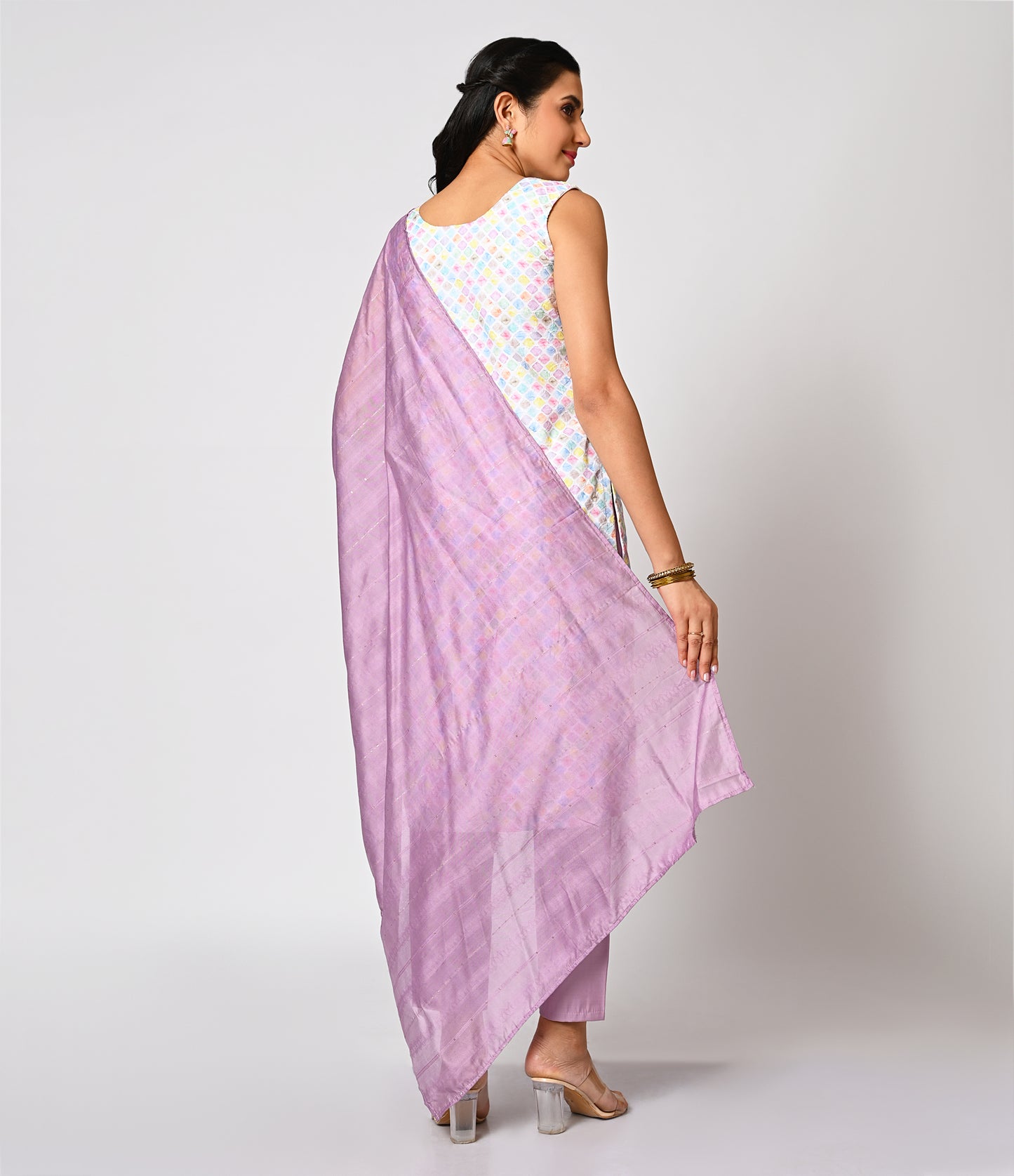 Multicolored White Straight Cut Kurti with Lilac Dupatta