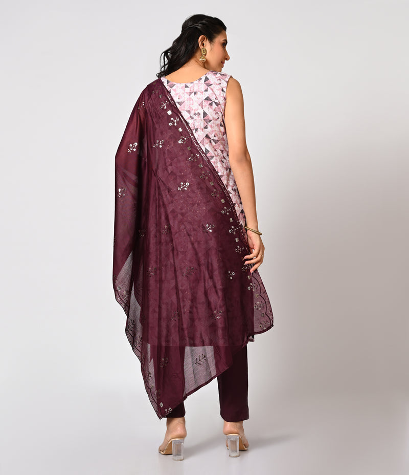 Geometric Print Straight Cut Set with Contrast Dupatta