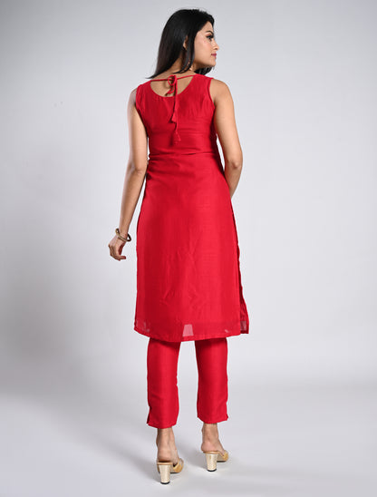 Festive Chilly Red Straight Cut Kurti Set