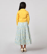 Yellow and Blue Floral Printed Frock with Jacket for Girls