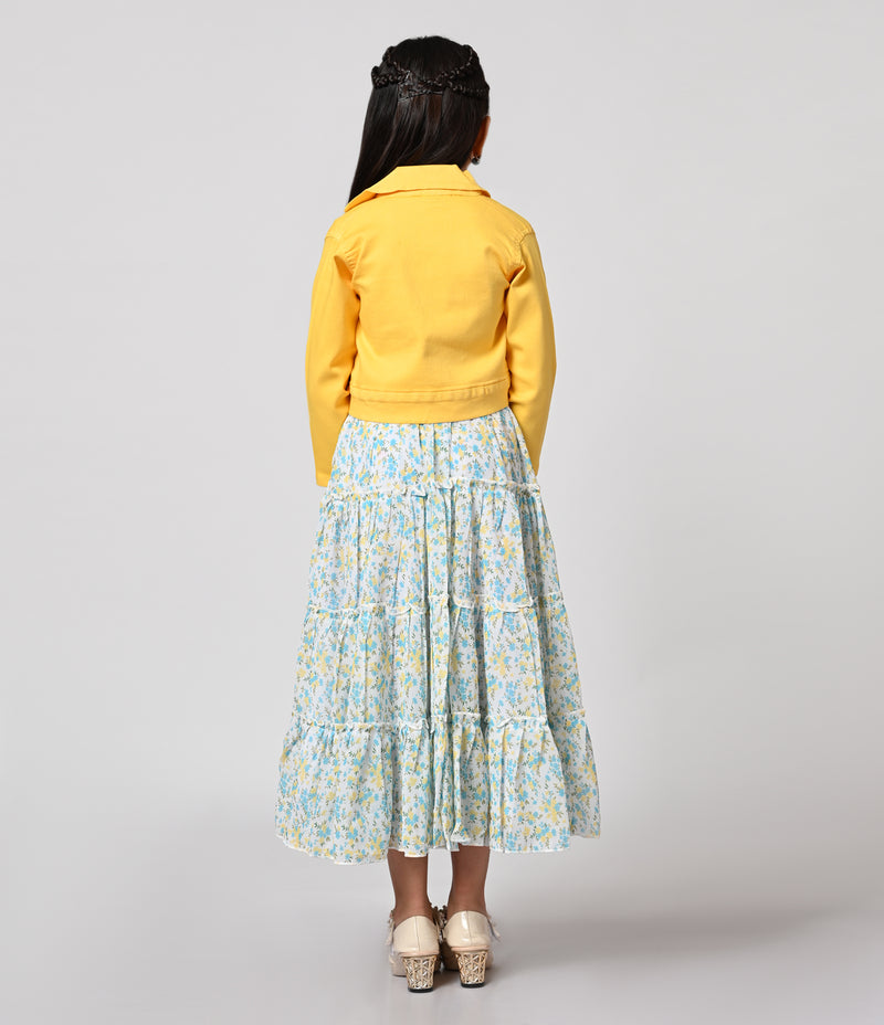 Yellow and Blue Floral Printed Frock with Jacket for Girls