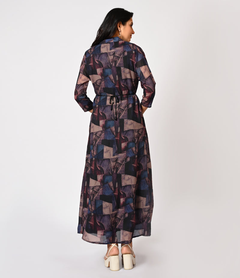 Black Western Gown with Digital Print Overcoat