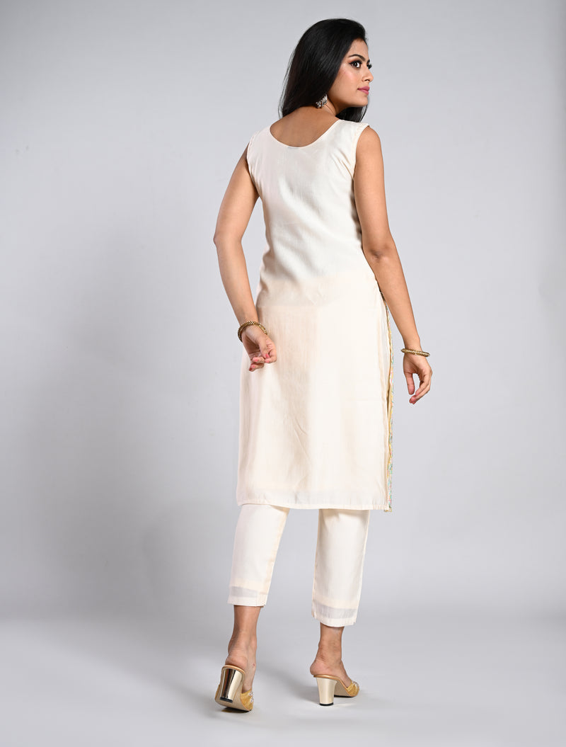 Elegant White Straight Cut kurti Set with Multicolored Dupatta