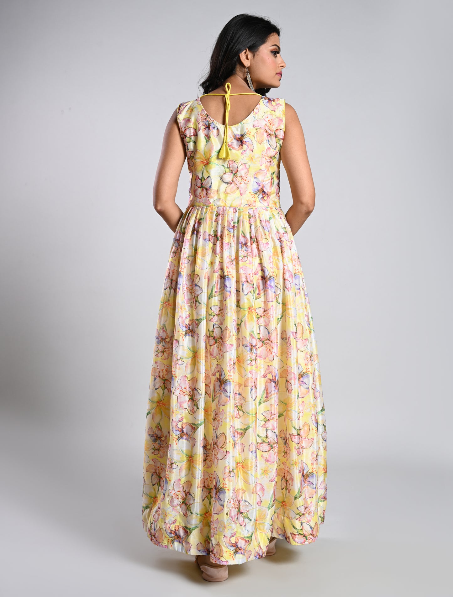 Elegant Yellow Floral Printed Alia Cut Gown