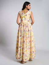 Elegant Yellow Floral Printed Alia Cut Gown