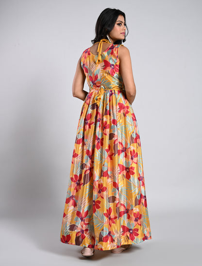 Mustard Floral Printed Festive Gown