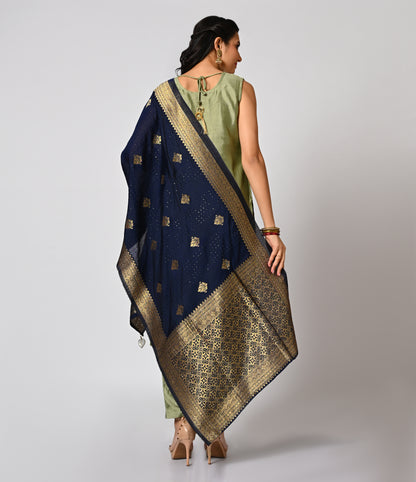 Dusty Green Straight Cut Set with Contrast Navy Blue Dupatta