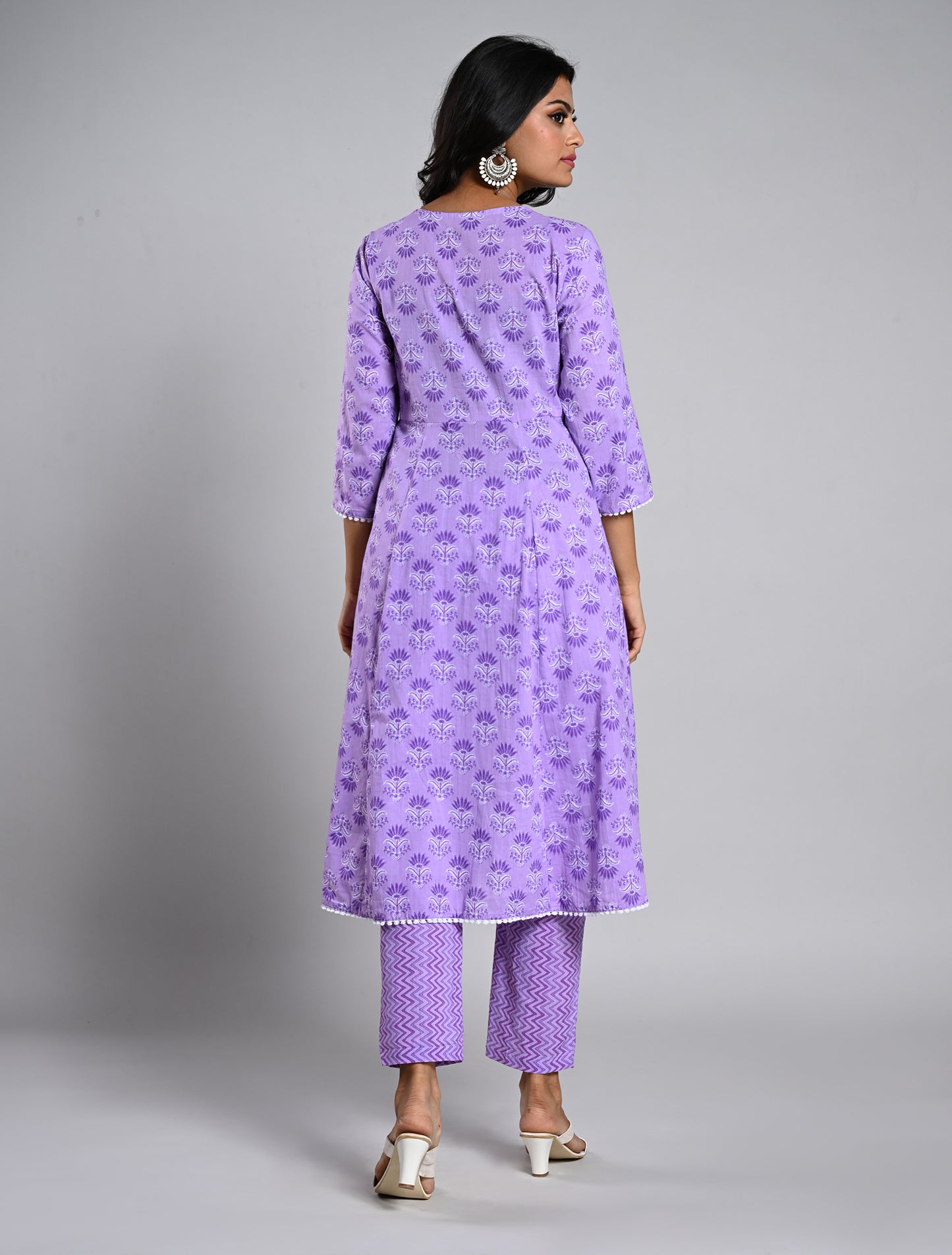 Lilac Anarkali Printed Cotton Kurti Set with Dupatta