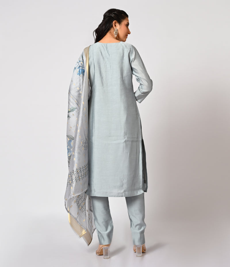 Elegant Grey Straight Cut Set with Contrast Printed Dupatta