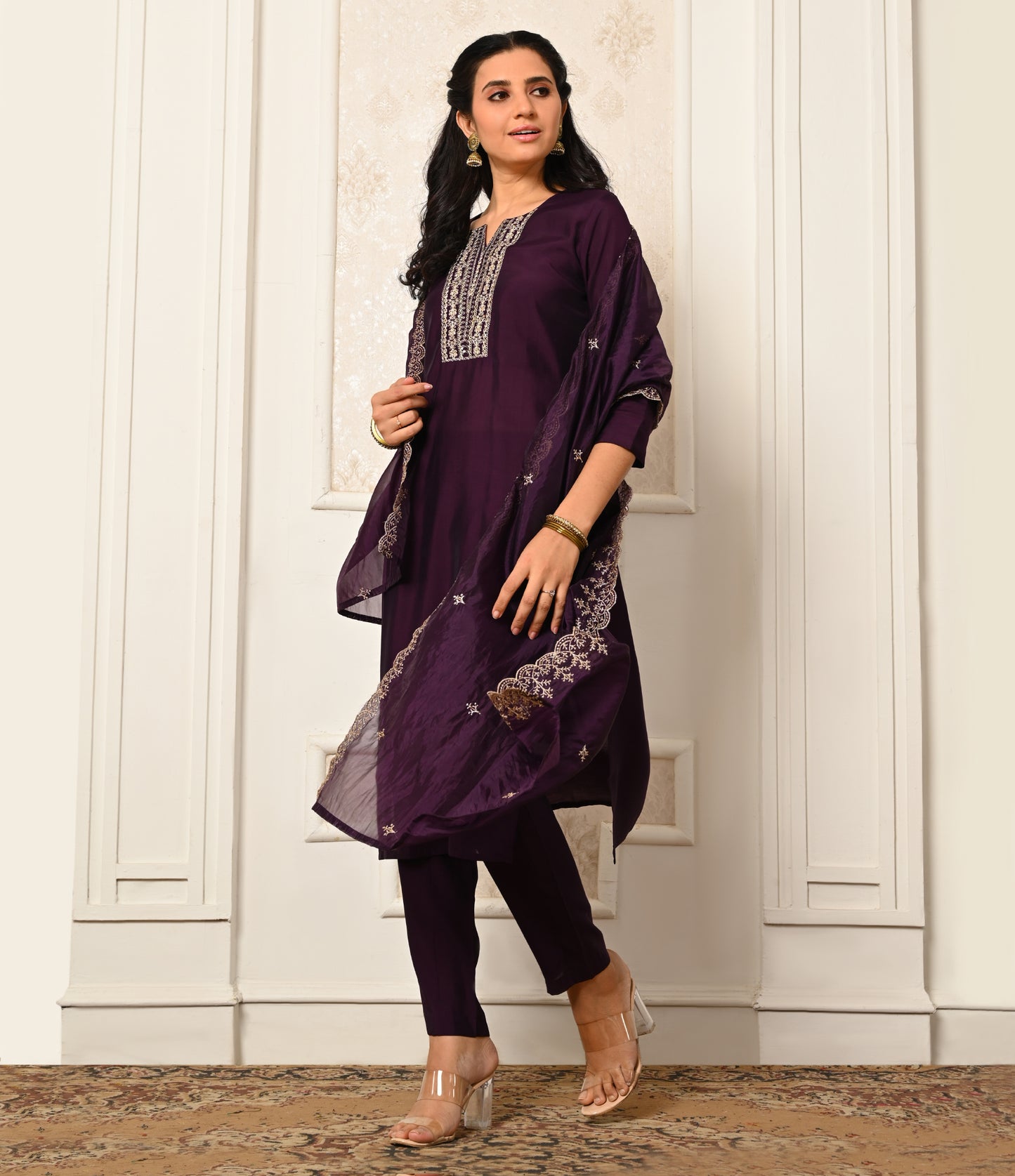 Purple Straight Cut Salwar Kameez Set with Organza Dupatta