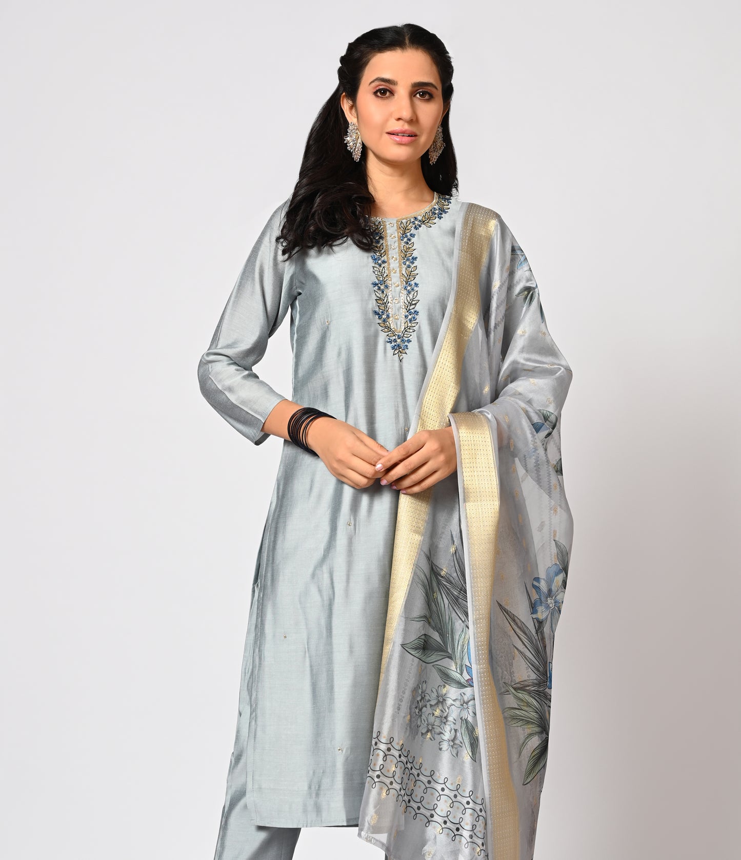 Elegant Grey Straight Cut Set with Contrast Printed Dupatta