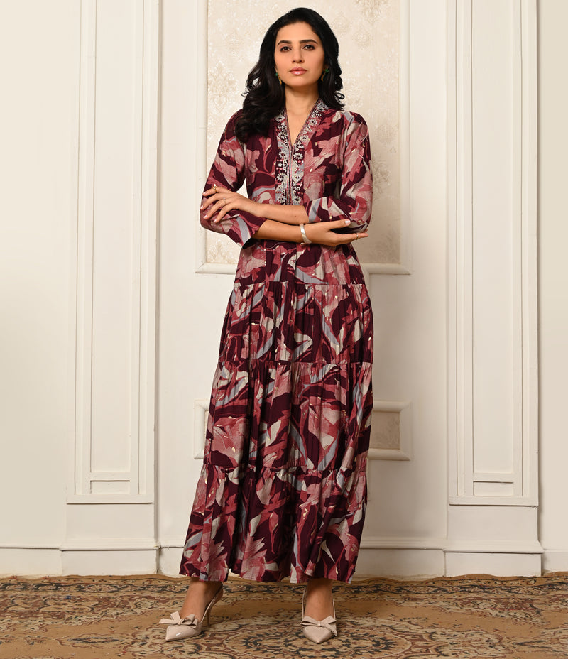 Layered Floral Printed Long Kurti with V Neck