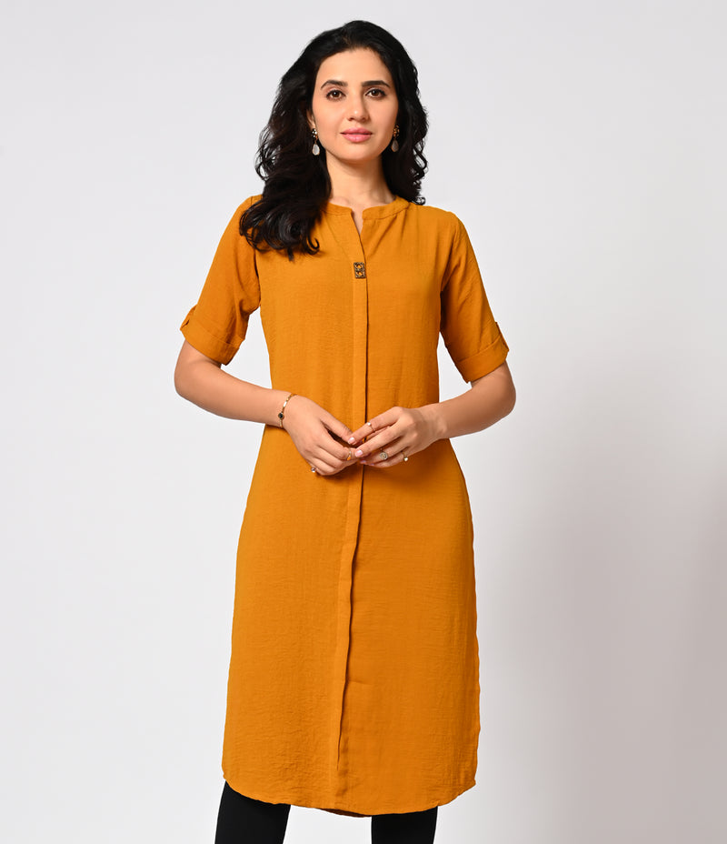 Solid Mustard Crushed Fabric Kurti