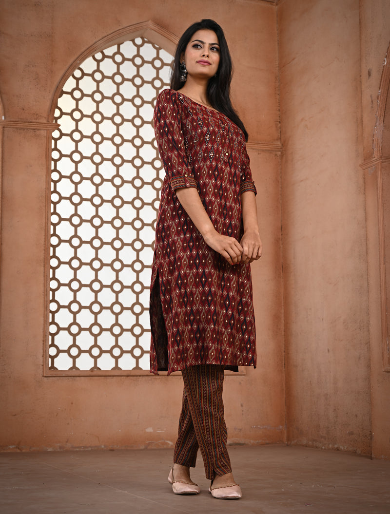 Maroon Printed Rayon Kurti Set