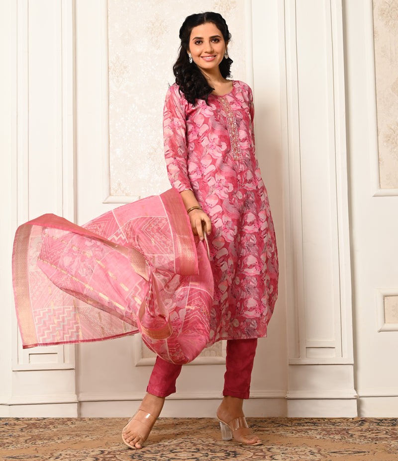 Pink Digital Printed Straight Cut Set with Dupatta