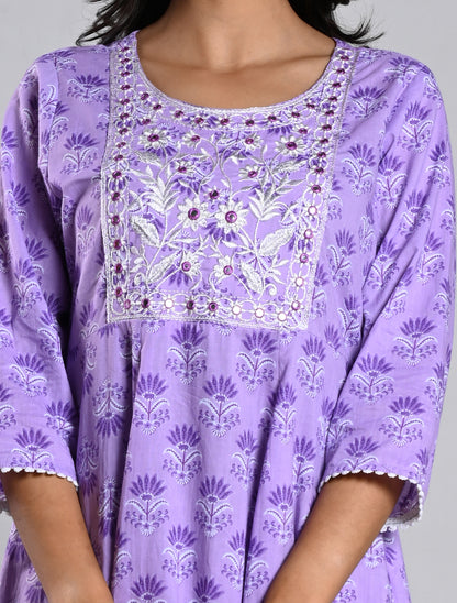 Lilac Anarkali Printed Cotton Kurti Set with Dupatta