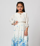 Elegant printed White Gown with belt for Girls