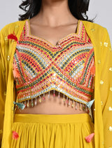 Yellow Crop Top Palazzo Set with Long Jacket