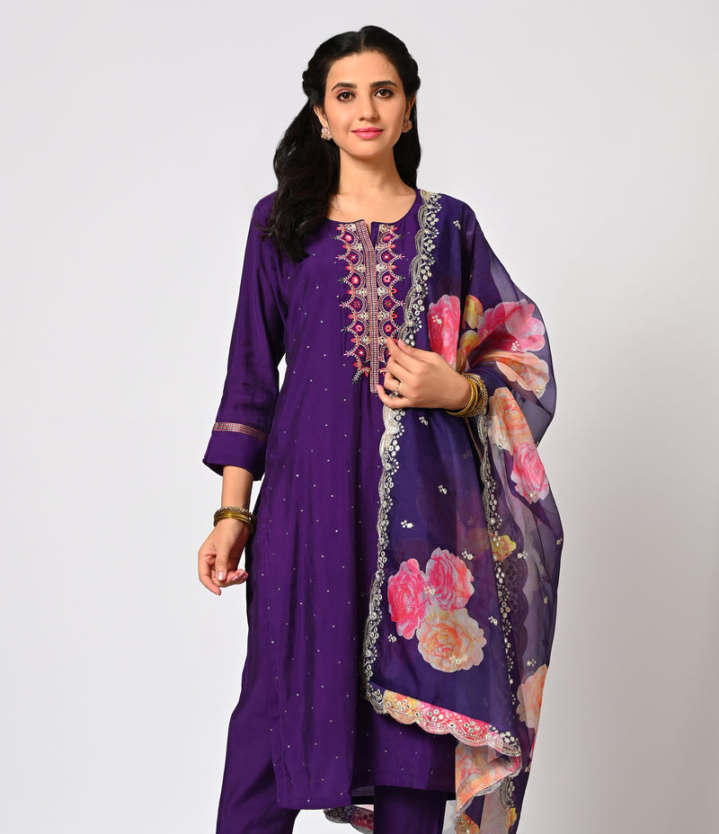 Elegant Violet Straight Cut Set with Organza Dupatta