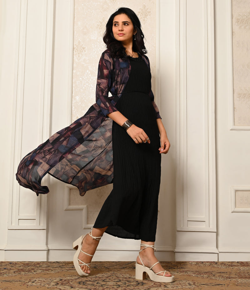 Black Western Gown with Digital Print Overcoat