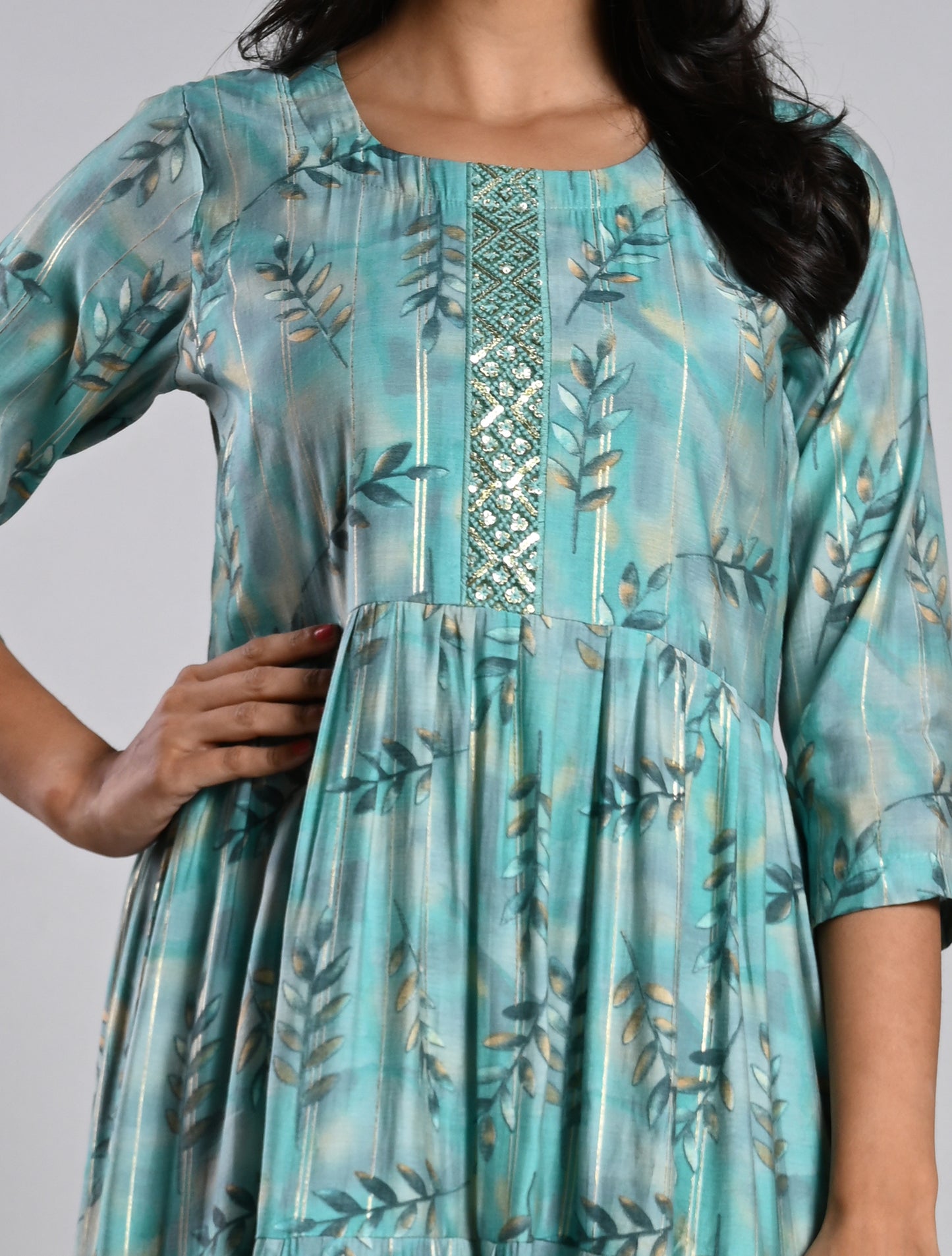 Leaf Printed Blue Layered Kurti