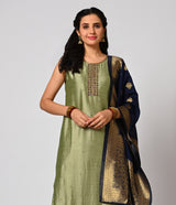 Dusty Green Straight Cut Set with Contrast Navy Blue Dupatta