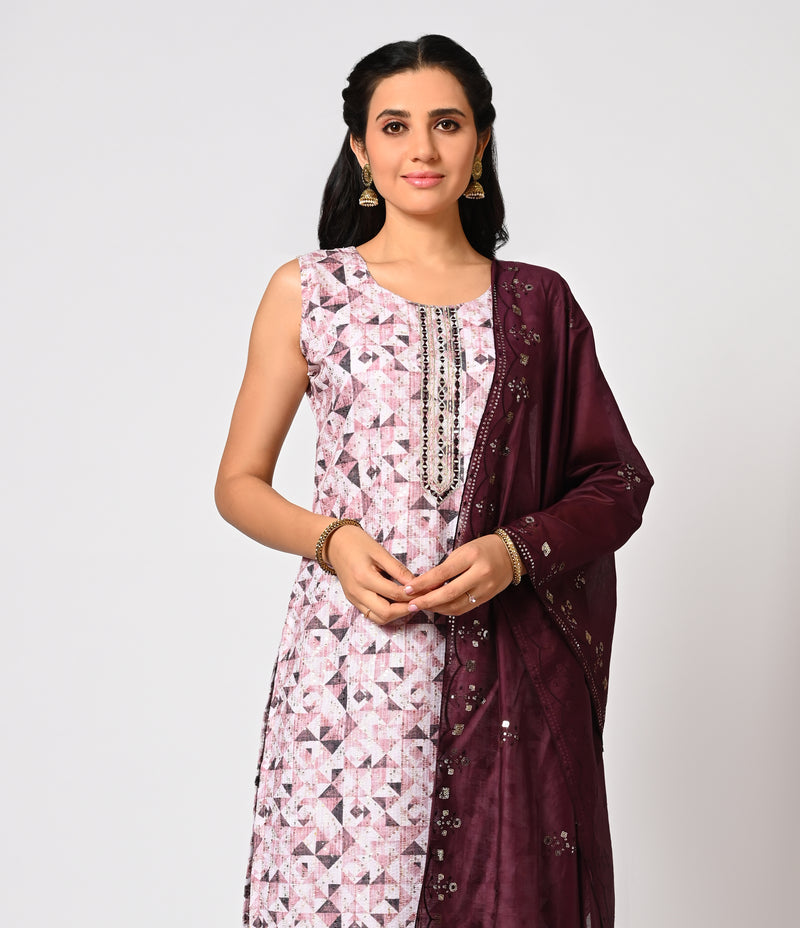 Geometric Print Straight Cut Set with Contrast Dupatta