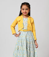 Yellow and Blue Floral Printed Frock with Jacket for Girls