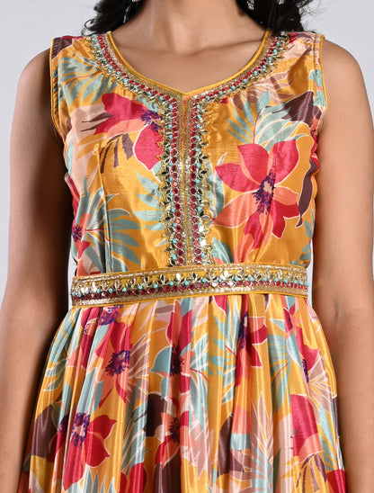 Mustard Floral Printed Festive Gown