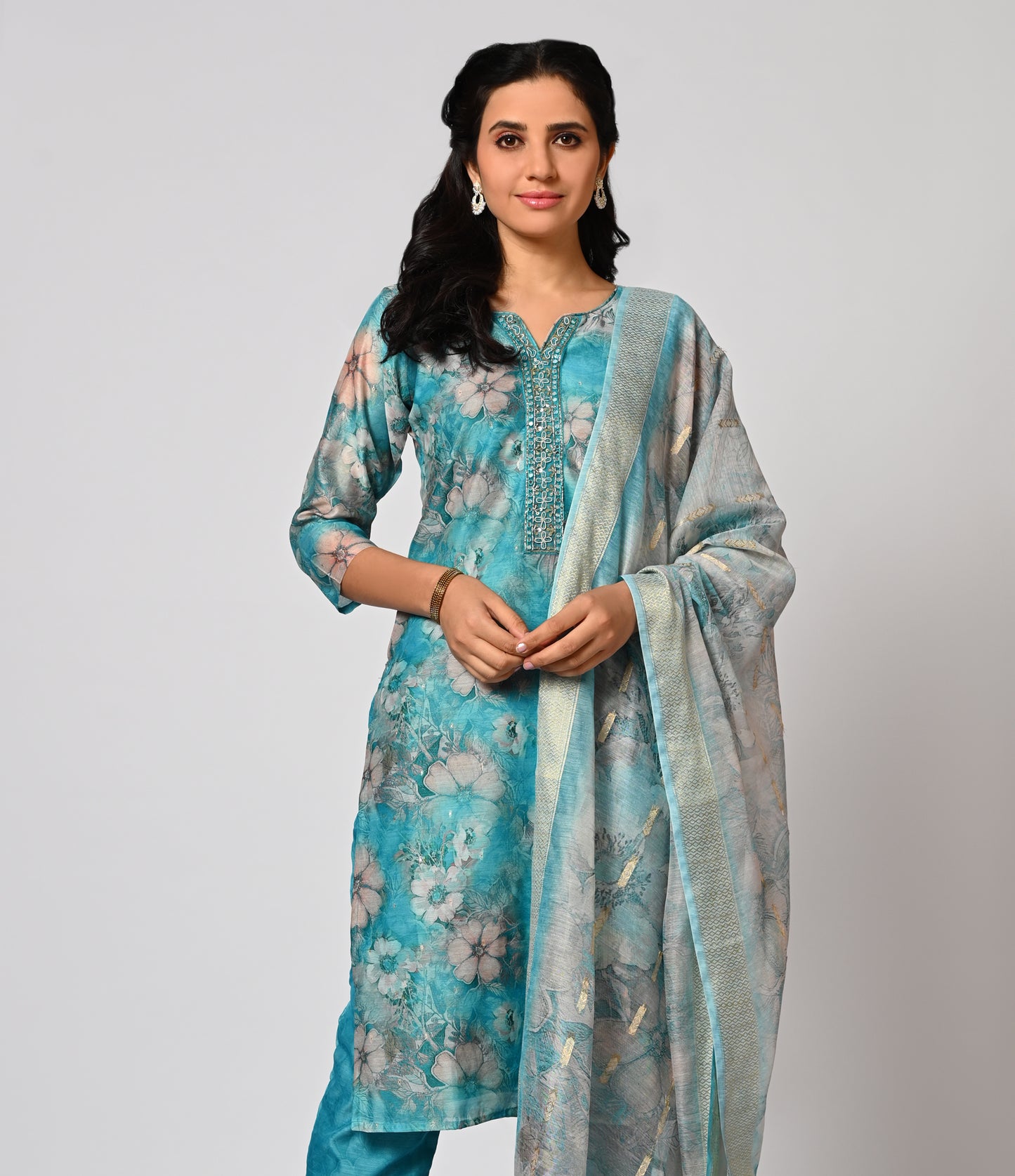 Floral Blue Digital Printed Straight Cut Salwar Kameez Set with Dupatta