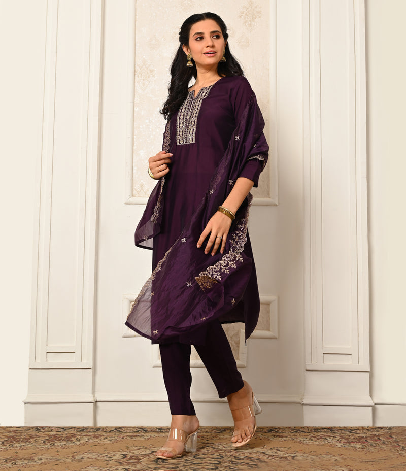 Purple Straight Cut Salwar Kameez Set with Organza Dupatta