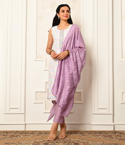 Multicolored White Straight Cut Kurti with Lilac Dupatta