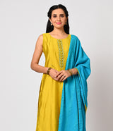 Lime Green Straight Cut Set with Contrast Blue Dupatta