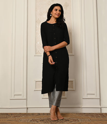 Solid Black Daily Wear Kurti with Buttons