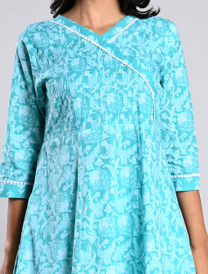 Turquoise Blue Anarkali Cotton Kurti Set with Dupatta