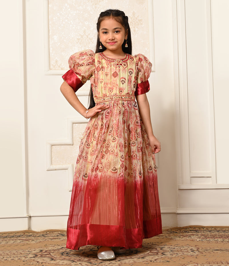 Shimmery Pink Long Party Gown with Attached Dupatta for Girls