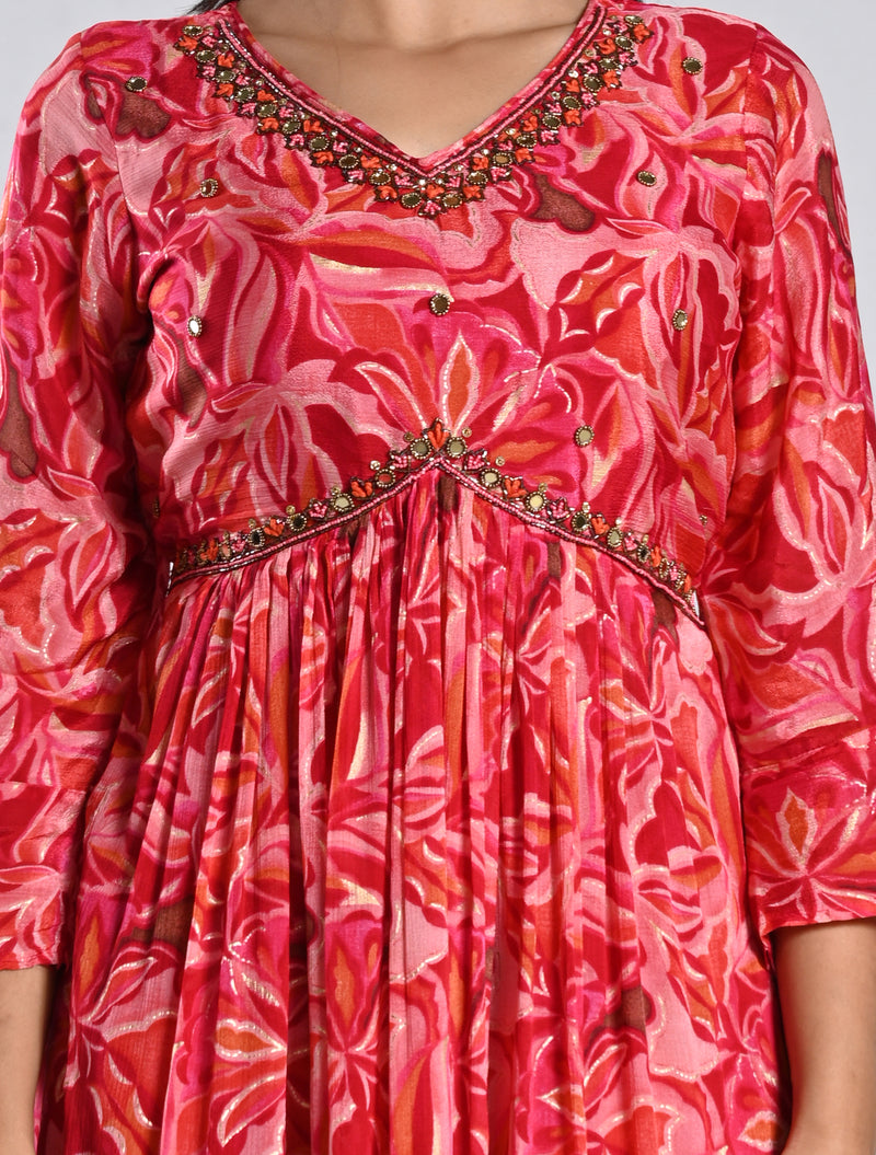 Pink Printed Alia Cut Kurti Set