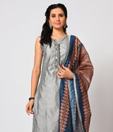 Silk Grey Straight Cut Set with Contrast Digital Print Dupatta