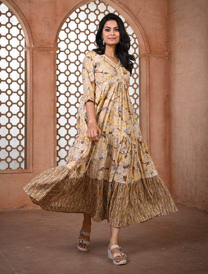 Mustard Printed Layered Alia Cut Kurti