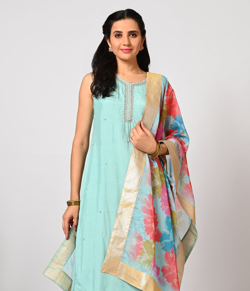 Powder Blue Straight Cut Set with Organza Dupatta